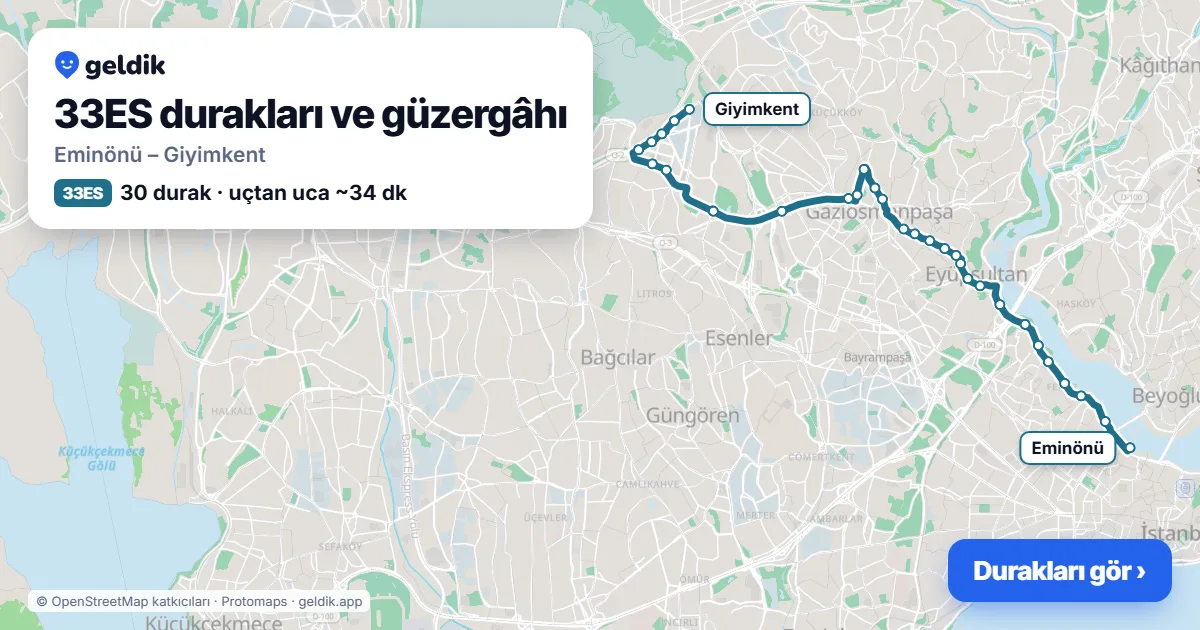 33ES otobüs güzergâhı haritası: Eminönü – Giyimkent, 30 durak