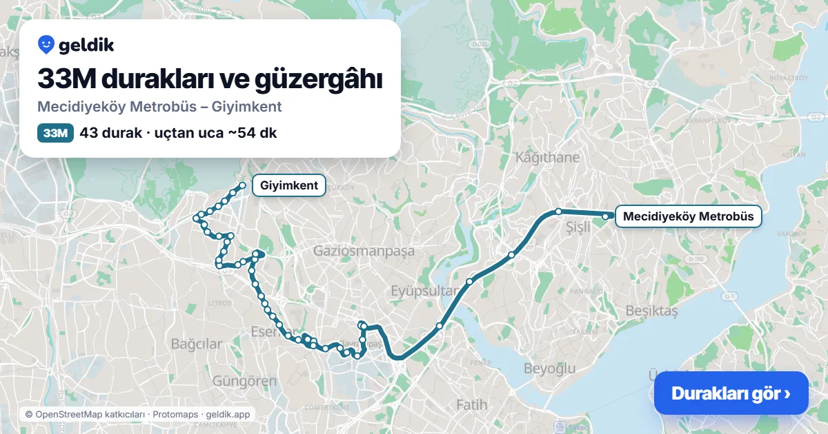 33M otobüs güzergâhı haritası: Mecidiyeköy Metrobüs – Giyimkent, 43 durak