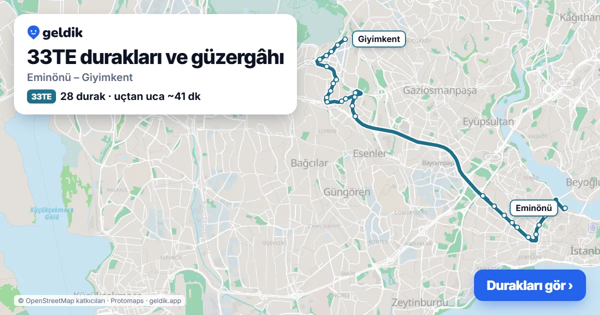 33TE otobüs güzergâhı haritası: Eminönü – Giyimkent, 28 durak