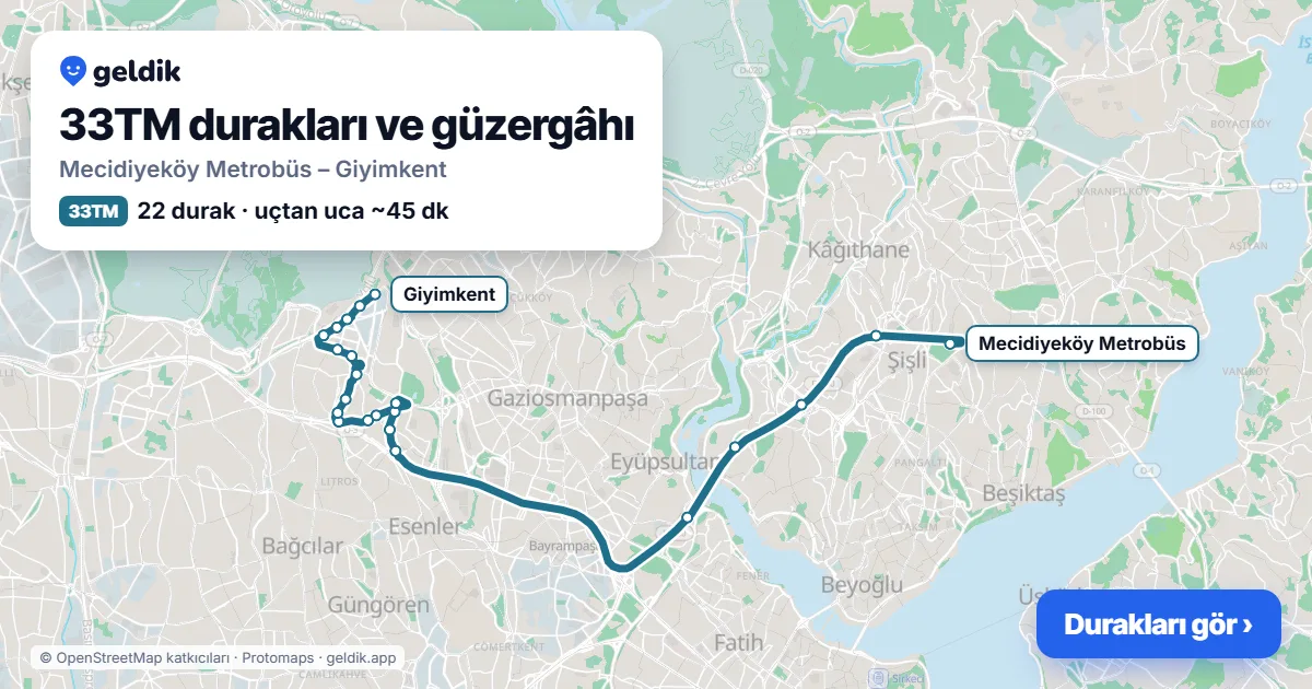 33TM otobüs güzergâhı haritası: Mecidiyeköy Metrobüs – Giyimkent, 22 durak