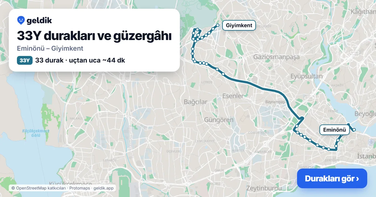33Y otobüs güzergâhı haritası: Eminönü – Giyimkent, 33 durak