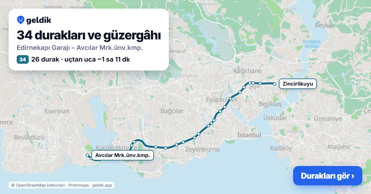 34 otobüs güzergâhı haritası: Edirnekapı Garajı – Avcılar Mrk.ünv.kmp., 26 durak