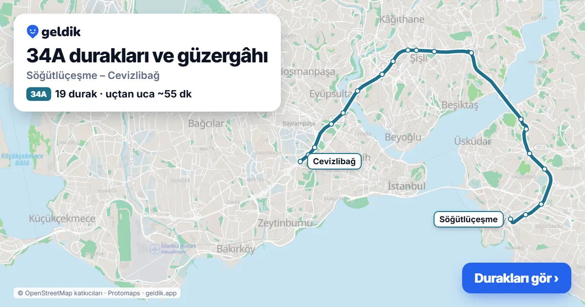34A otobüs güzergâhı haritası: Söğütlüçeşme – Cevizlibağ, 19 durak
