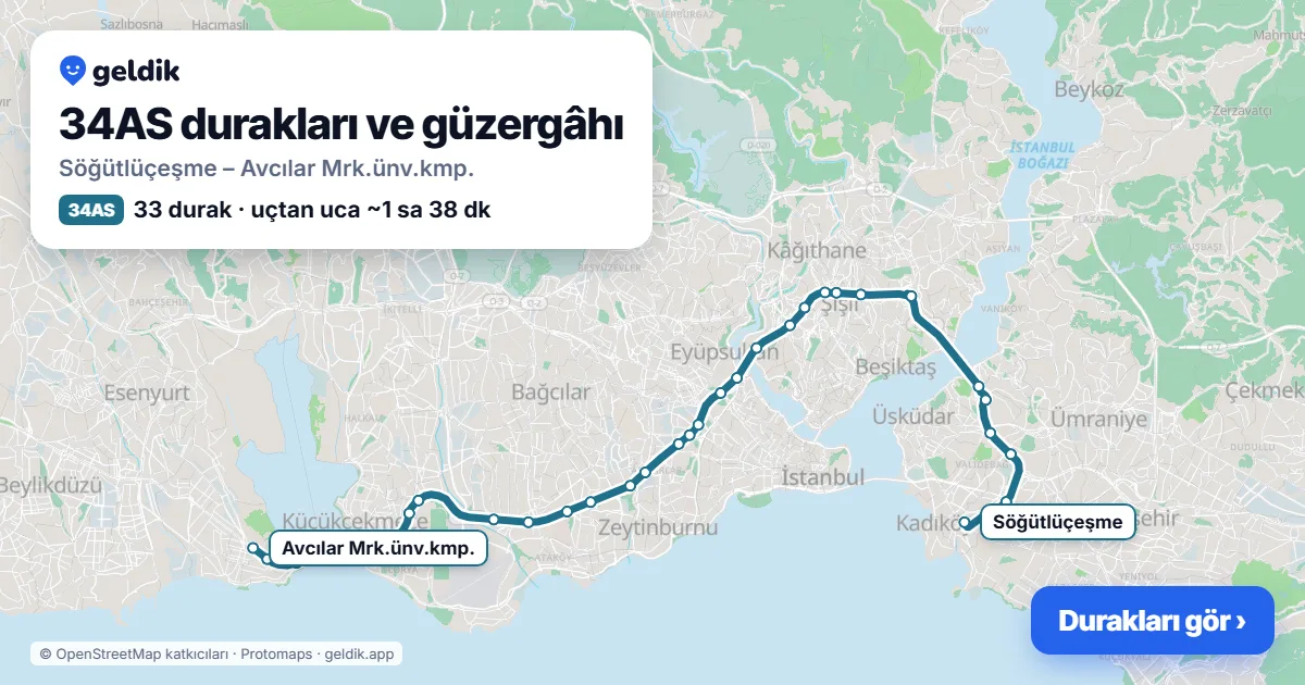 34AS otobüs güzergâhı haritası: Söğütlüçeşme – Avcılar Mrk.ünv.kmp., 33 durak
