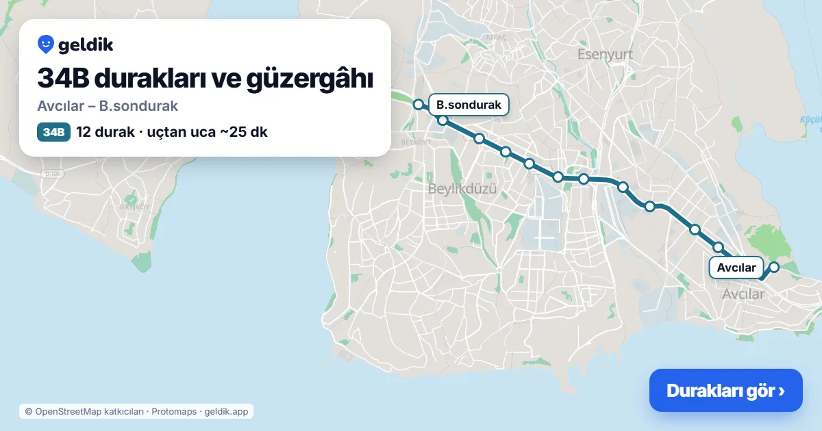 34B otobüs güzergâhı haritası: Avcılar – B.sondurak, 12 durak