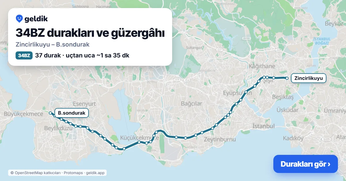 34BZ otobüs güzergâhı haritası: Zincirlikuyu – B.sondurak, 37 durak