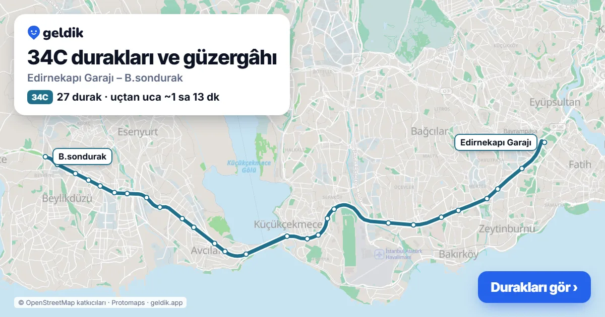 34C otobüs güzergâhı haritası: Edirnekapı Garajı – B.sondurak, 27 durak