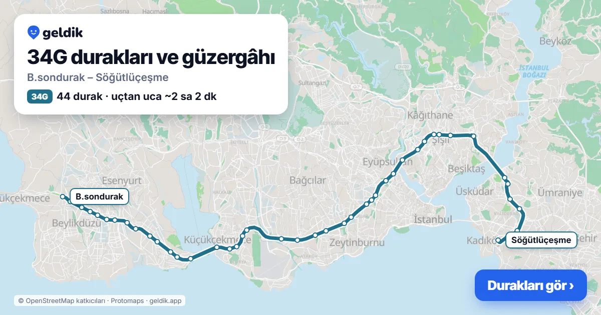 34G otobüs güzergâhı haritası: B.sondurak – Söğütlüçeşme, 44 durak