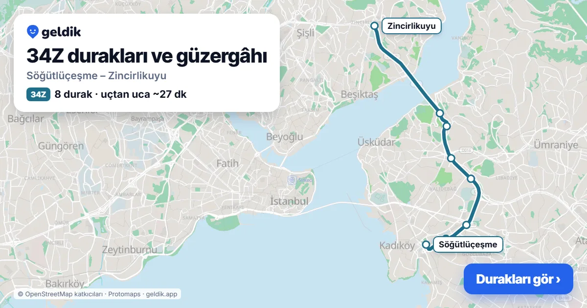 34Z otobüs güzergâhı haritası: Söğütlüçeşme – Zincirlikuyu, 8 durak