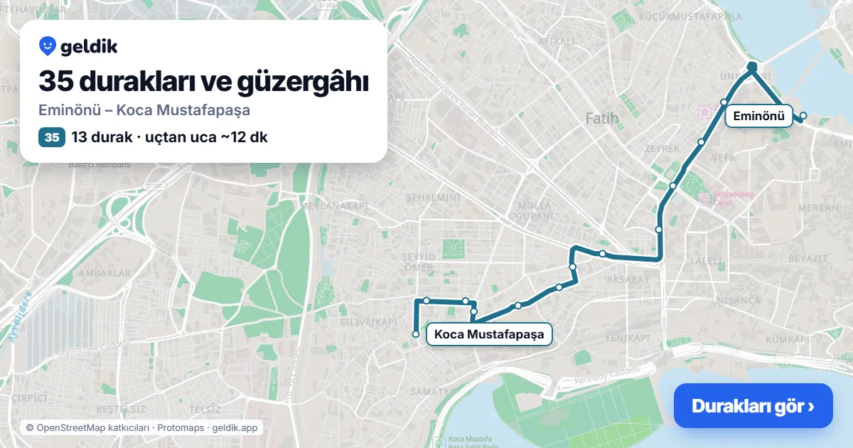 35 otobüs güzergâhı haritası: Eminönü – Koca Mustafapaşa, 13 durak