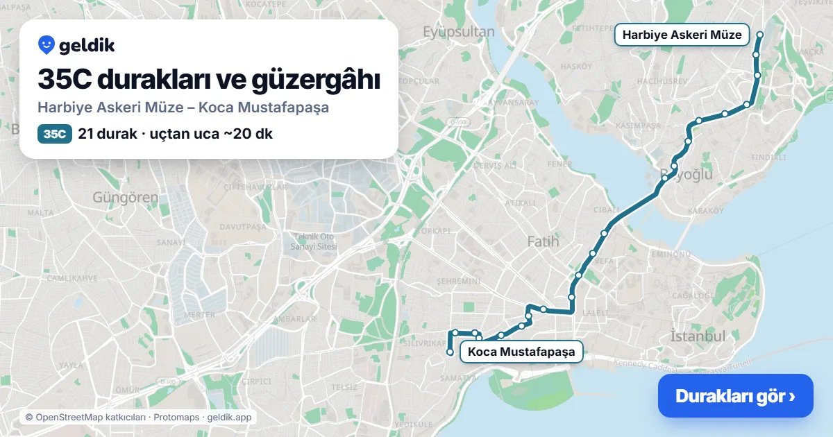 35C otobüs güzergâhı haritası: Harbiye Askeri Müze – Koca Mustafapaşa, 21 durak