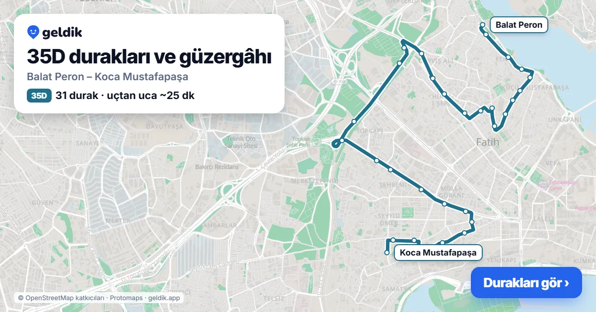 35D otobüs güzergâhı haritası: Balat Peron – Koca Mustafapaşa, 31 durak