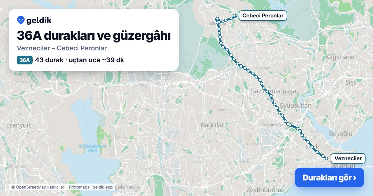 36A otobüs güzergâhı haritası: Vezneciler – Cebeci Peronlar, 43 durak