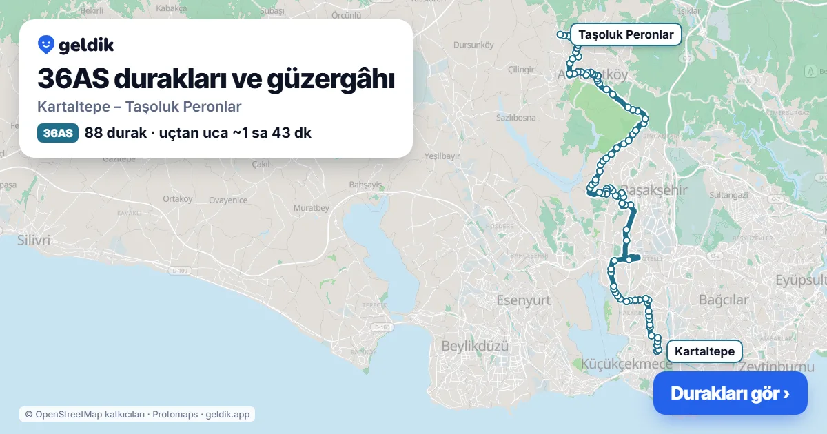 36AS otobüs güzergâhı haritası: Kartaltepe – Taşoluk Peronlar, 88 durak