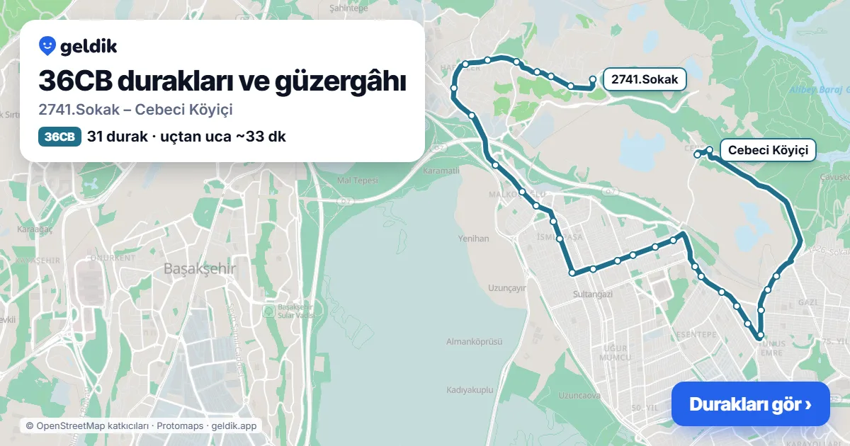 36CB otobüs güzergâhı haritası: 2741.Sokak – Cebeci Köyiçi, 31 durak