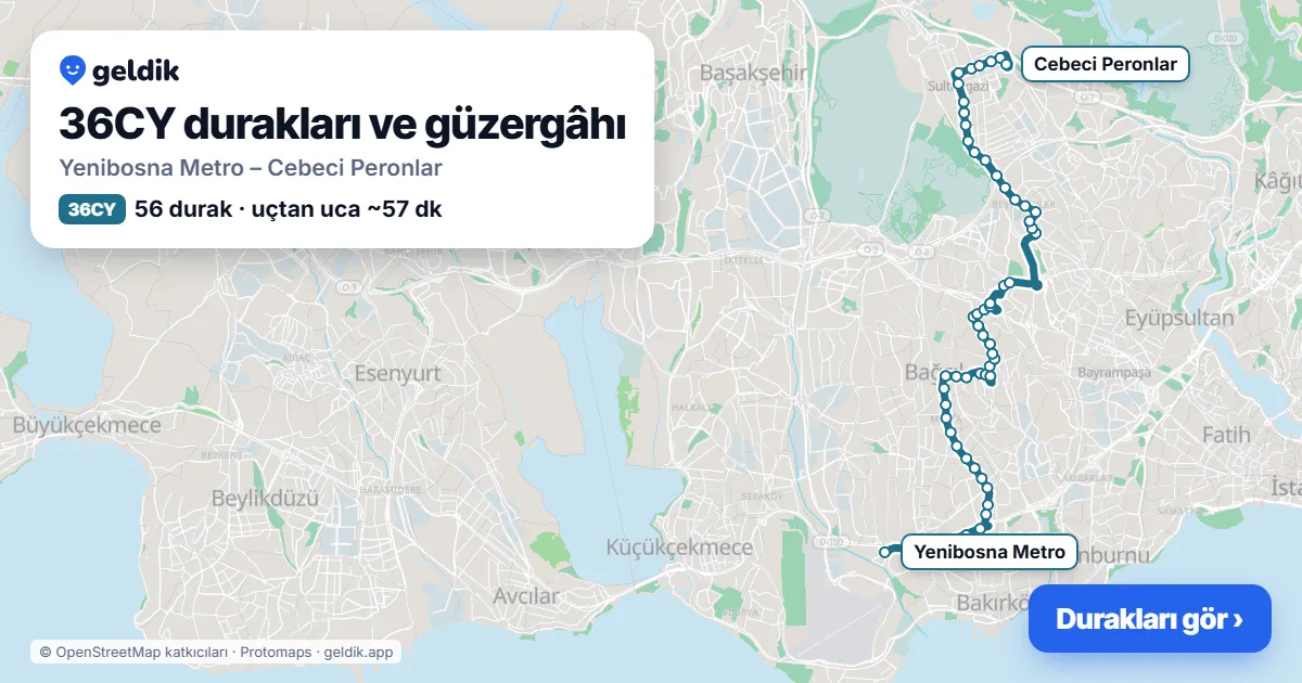 36CY bus route map: Yenibosna Metro – Cebeci Peronlar, 56 stops