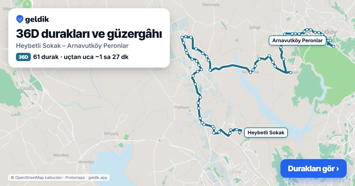 36D otobüs güzergâhı haritası: Heybetli Sokak – Arnavutköy Peronlar, 61 durak