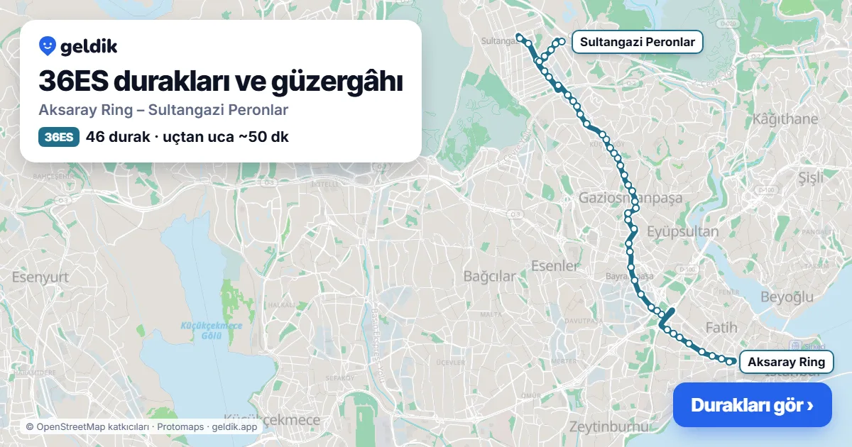 36ES otobüs güzergâhı haritası: Aksaray Ring – Sultangazi Peronlar, 46 durak