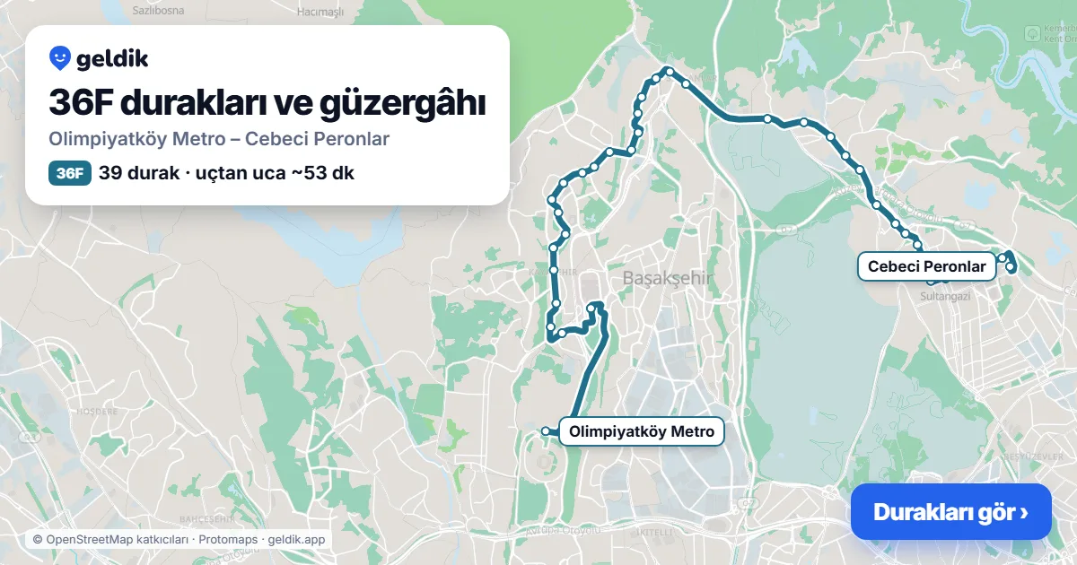 36F otobüs güzergâhı haritası: Olimpiyatköy Metro – Cebeci Peronlar, 39 durak