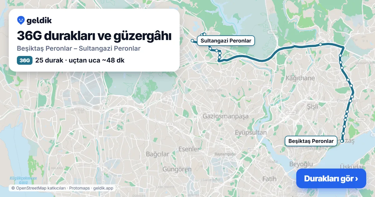 36G bus route map: Beşiktaş Peronlar – Sultangazi Peronlar, 25 stops