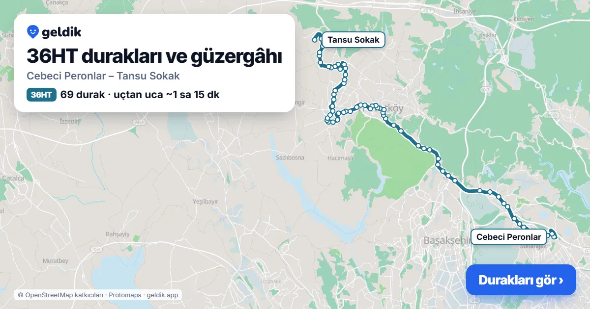 36HT otobüs güzergâhı haritası: Cebeci Peronlar – Tansu Sokak, 69 durak
