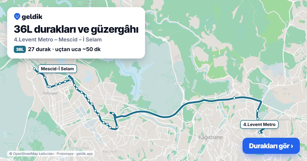 36L otobüs güzergâhı haritası: 4.Levent Metro – Mescid – İ Selam, 27 durak