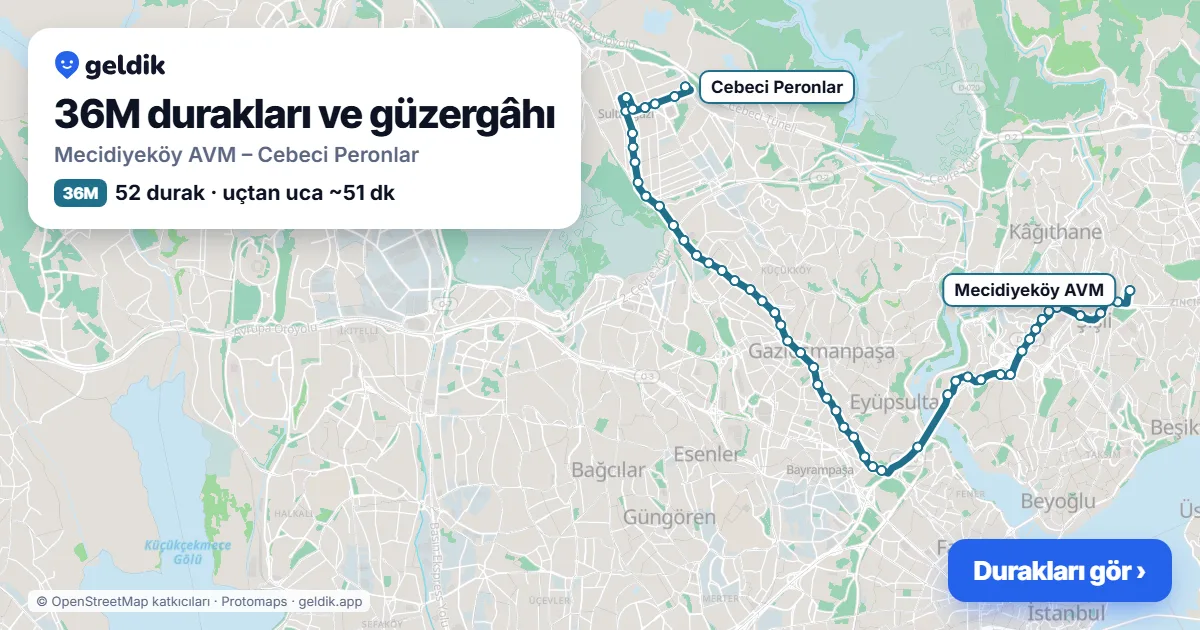 36M otobüs güzergâhı haritası: Mecidiyeköy AVM – Cebeci Peronlar, 52 durak