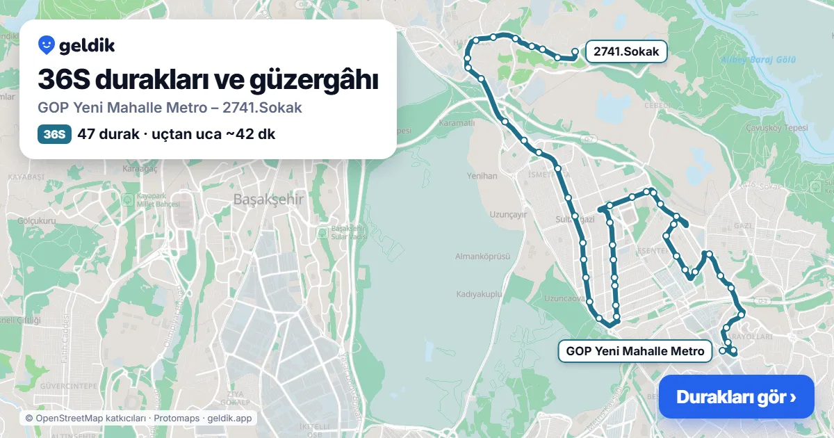 36S otobüs güzergâhı haritası: GOP Yeni Mahalle Metro – 2741.Sokak, 47 durak