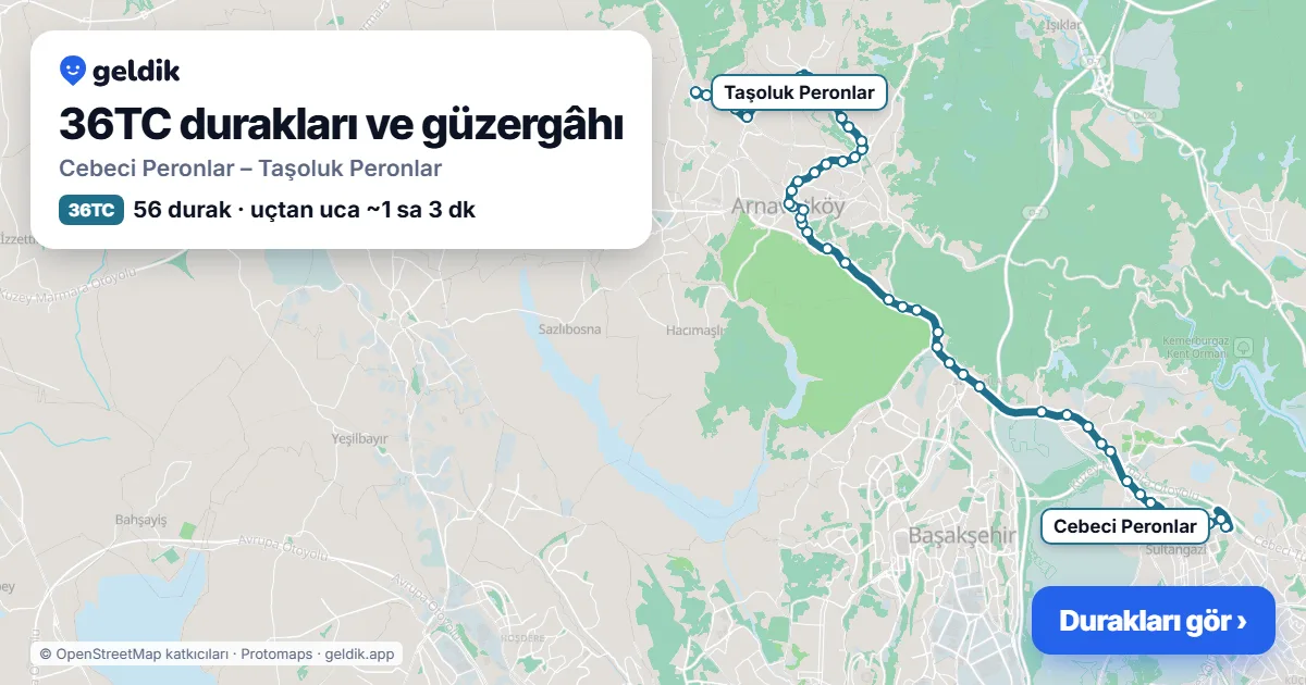 36TC otobüs güzergâhı haritası: Cebeci Peronlar – Taşoluk Peronlar, 56 durak