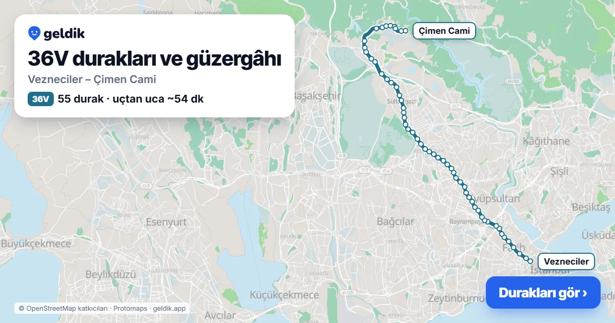 36V otobüs güzergâhı haritası: Vezneciler – Çimen Cami, 55 durak