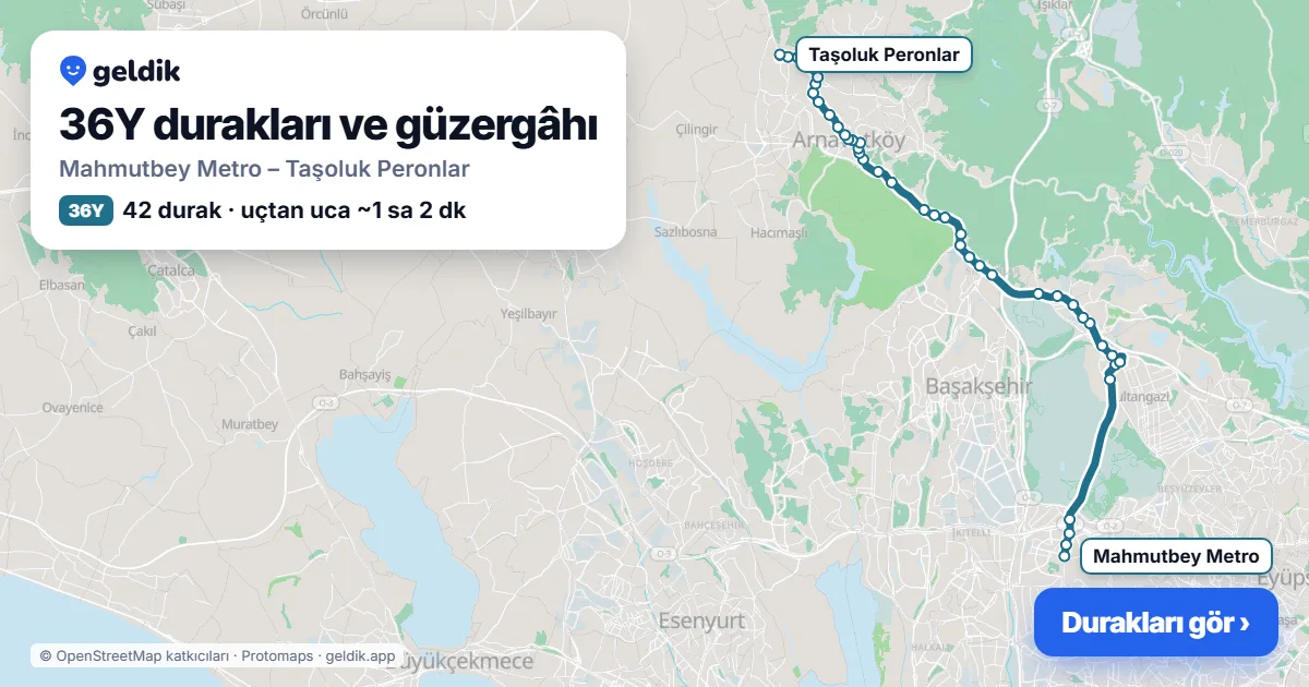 36Y otobüs güzergâhı haritası: Mahmutbey Metro – Taşoluk Peronlar, 42 durak