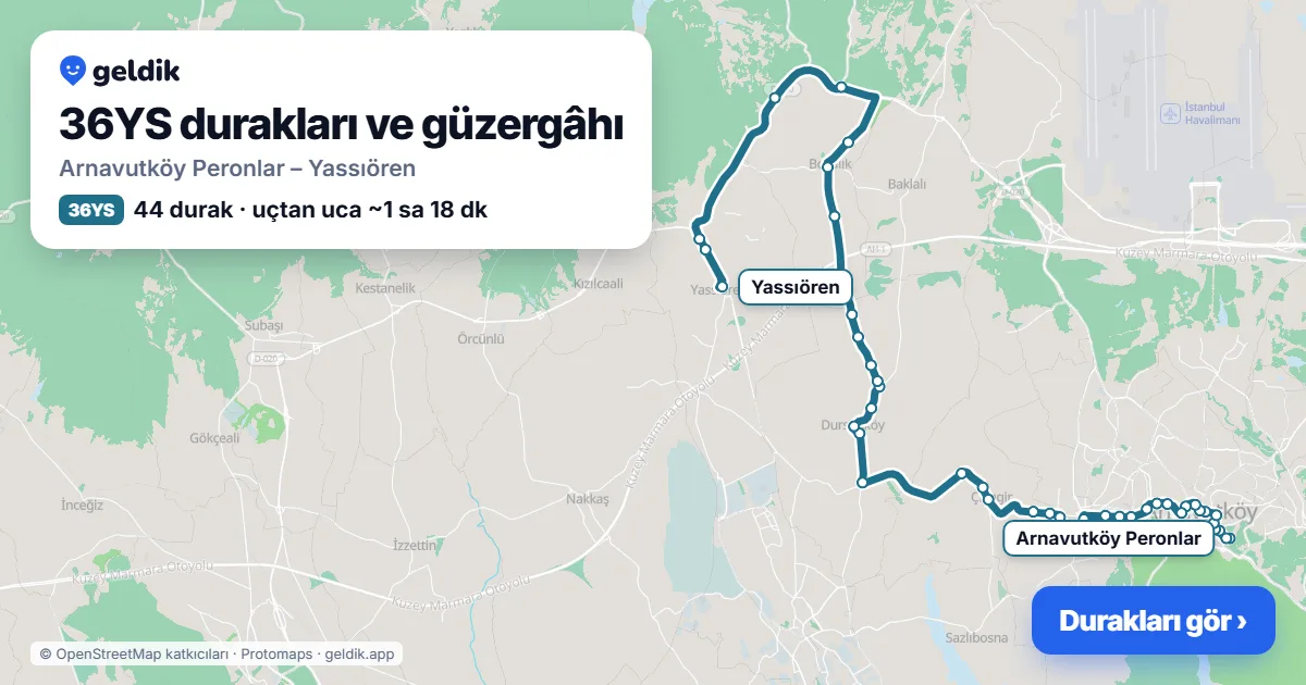 36YS otobüs güzergâhı haritası: Arnavutköy Peronlar – Yassıören, 44 durak