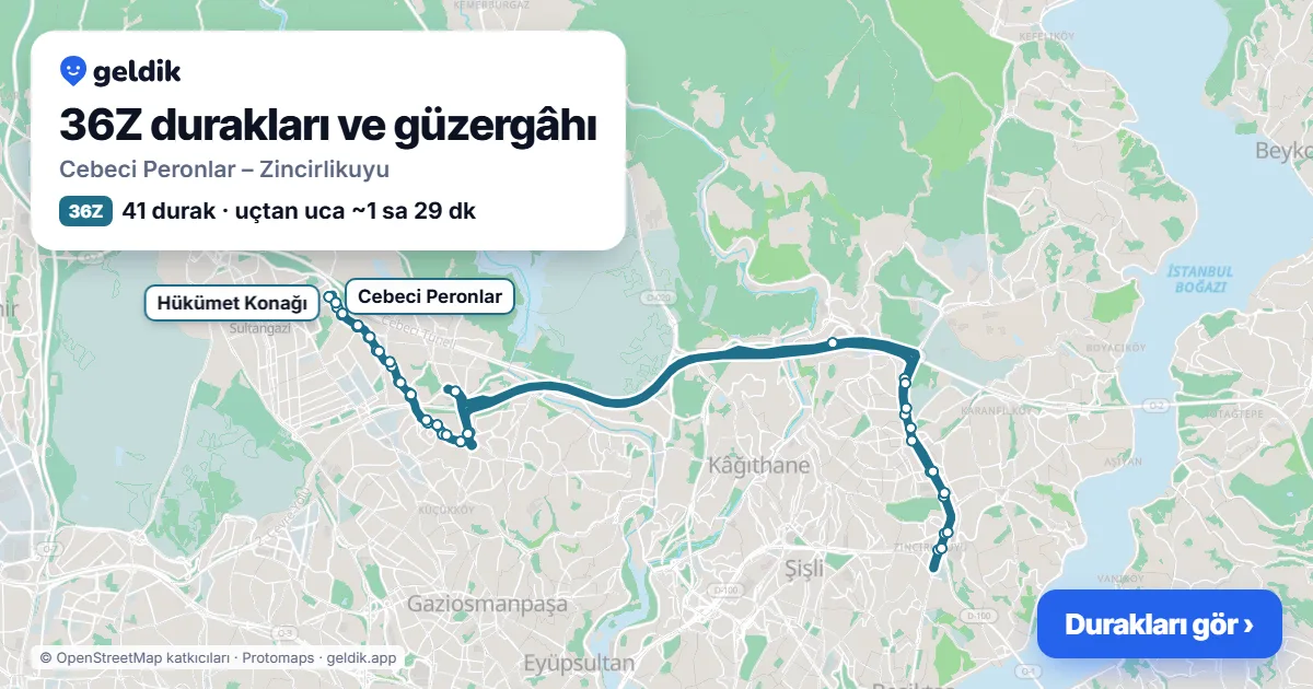 36Z otobüs güzergâhı haritası: Cebeci Peronlar – Zincirlikuyu, 41 durak