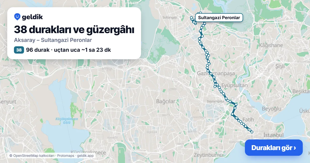 38 otobüs güzergâhı haritası: Aksaray – Sultangazi Peronlar, 96 durak