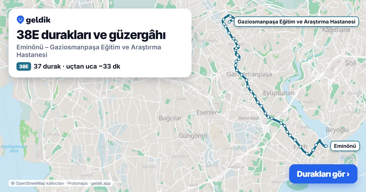38E otobüs güzergâhı haritası: Eminönü – Gaziosmanpaşa Eğitim ve Araştırma Hastanesi, 37 durak