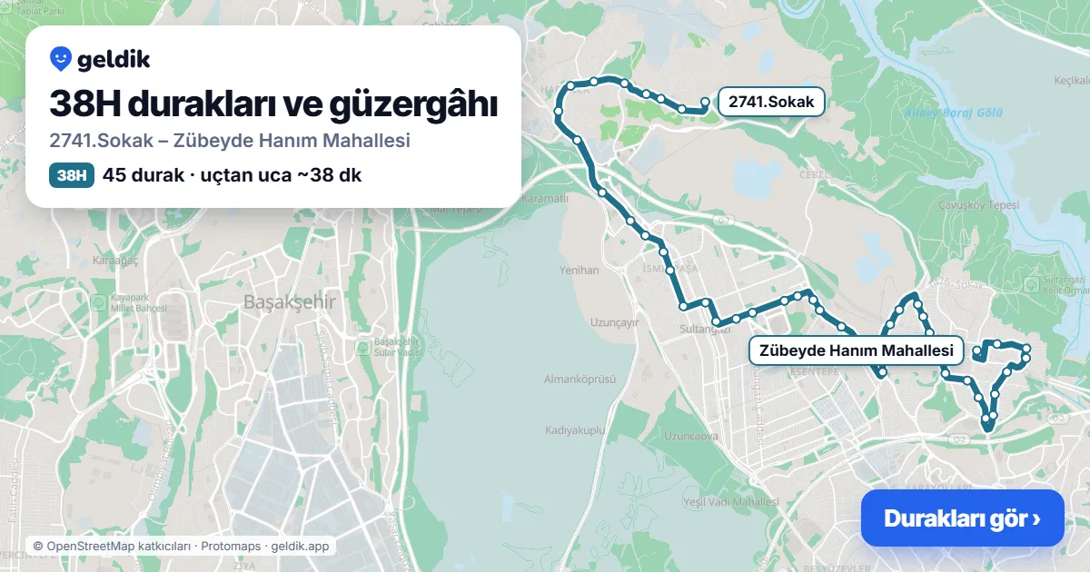 38H otobüs güzergâhı haritası: 2741.Sokak – Zübeyde Hanım Mahallesi, 45 durak