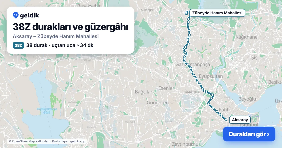 38Z otobüs güzergâhı haritası: Aksaray – Zübeyde Hanım Mahallesi, 38 durak