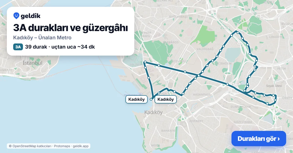 3A otobüs güzergâhı haritası: Kadıköy – Ünalan Metro, 39 durak