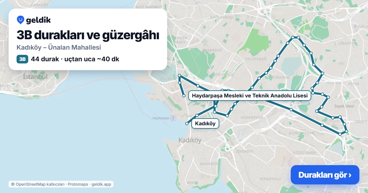 3B otobüs güzergâhı haritası: Kadıköy – Ünalan Mahallesi, 44 durak