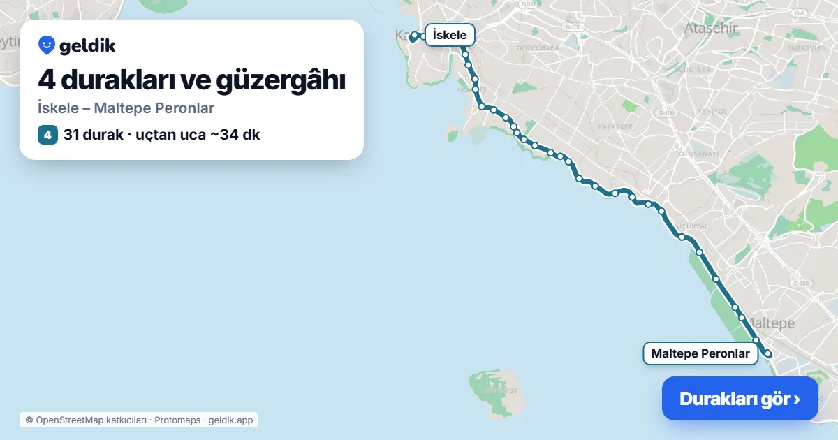 4 otobüs güzergâhı haritası: İskele – Maltepe Peronlar, 31 durak