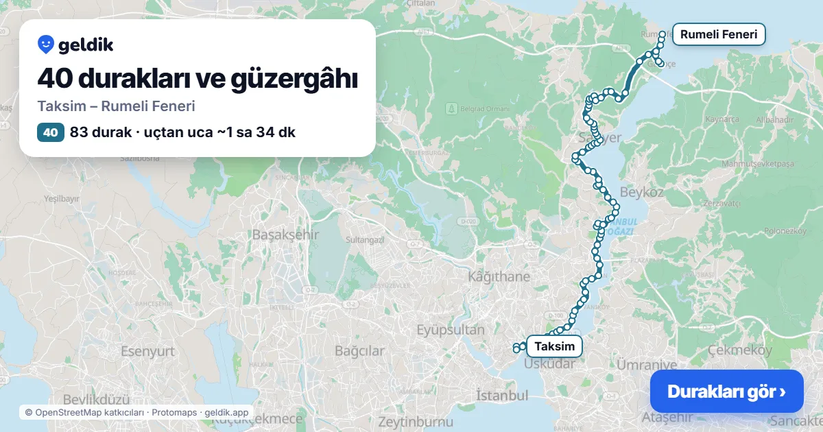 40 otobüs güzergâhı haritası: Taksim – Rumeli Feneri, 83 durak
