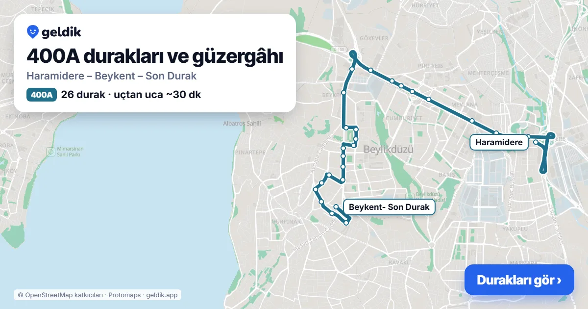 400A otobüs güzergâhı haritası: Haramidere – Beykent – Son Durak, 26 durak