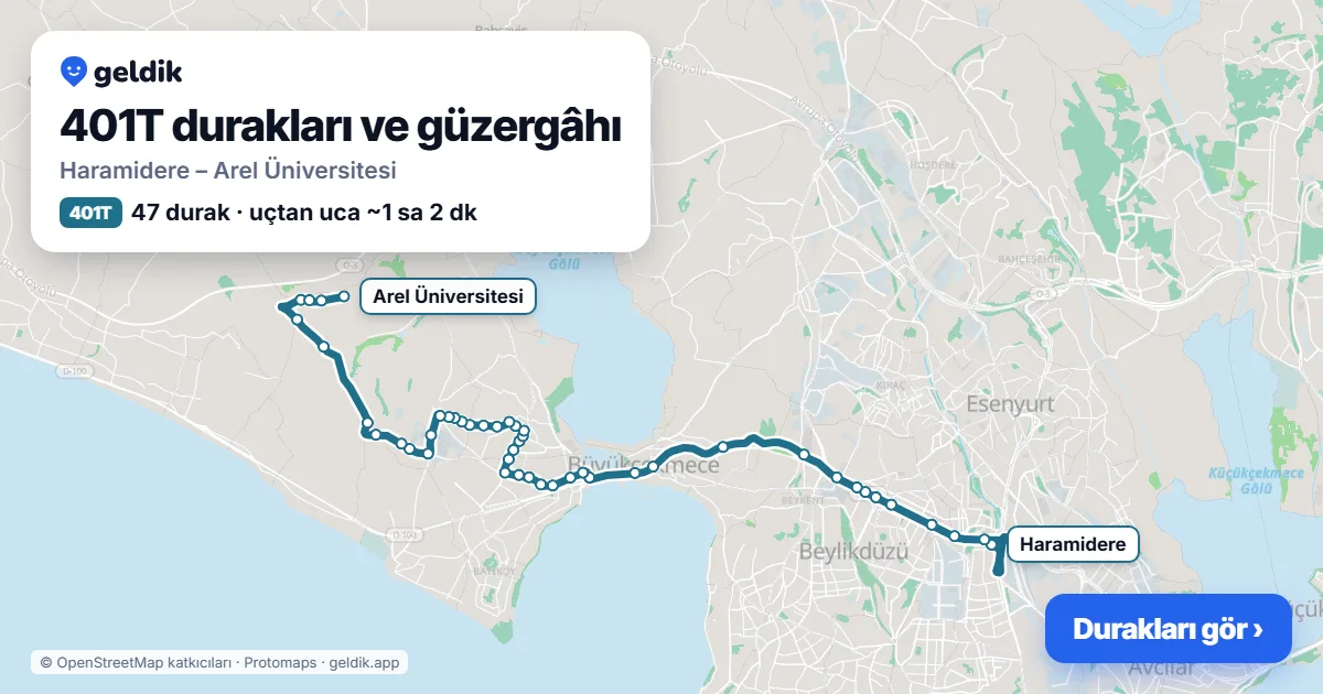 401T bus route map: Haramidere – Arel Üniversitesi, 47 stops