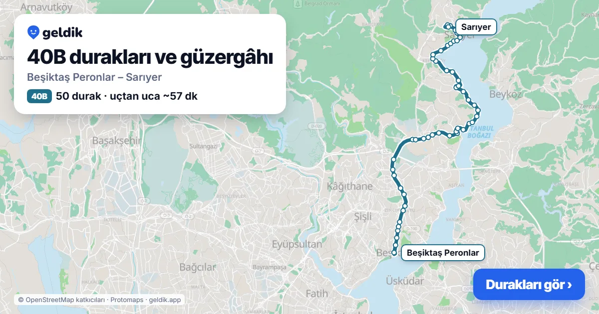 40B otobüs güzergâhı haritası: Beşiktaş Peronlar – Sarıyer, 50 durak
