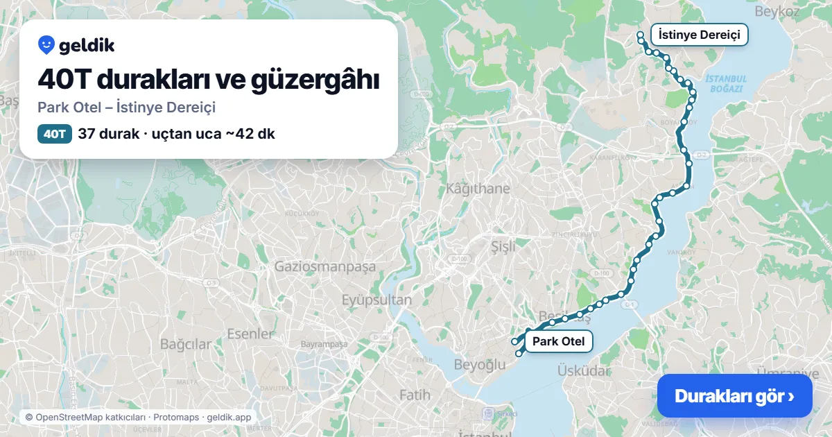 40T otobüs güzergâhı haritası: Park Otel – İstinye Dereiçi, 37 durak