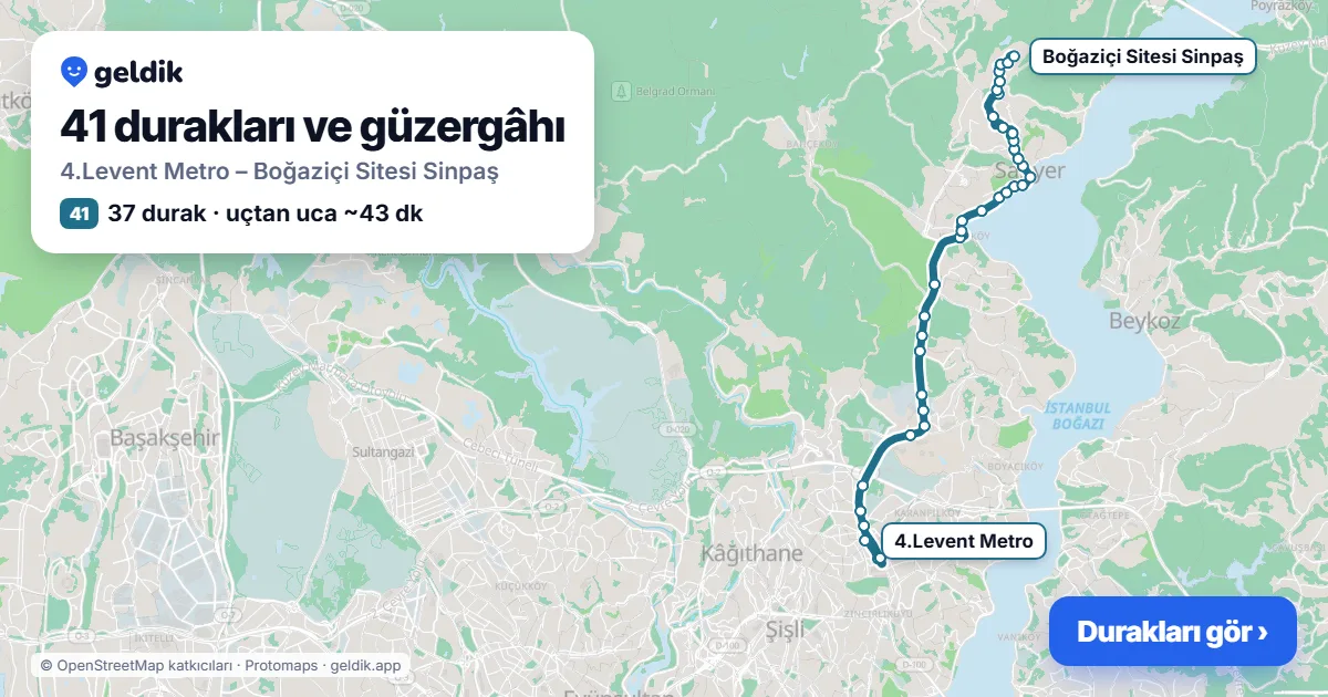 41 otobüs güzergâhı haritası: 4.Levent Metro – Boğaziçi Sitesi Sinpaş, 37 durak
