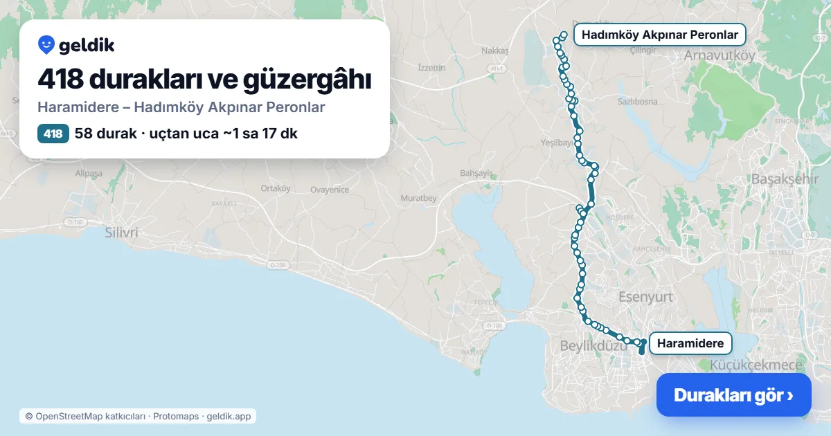 418 otobüs güzergâhı haritası: Haramidere – Hadımköy Akpınar Peronlar, 58 durak