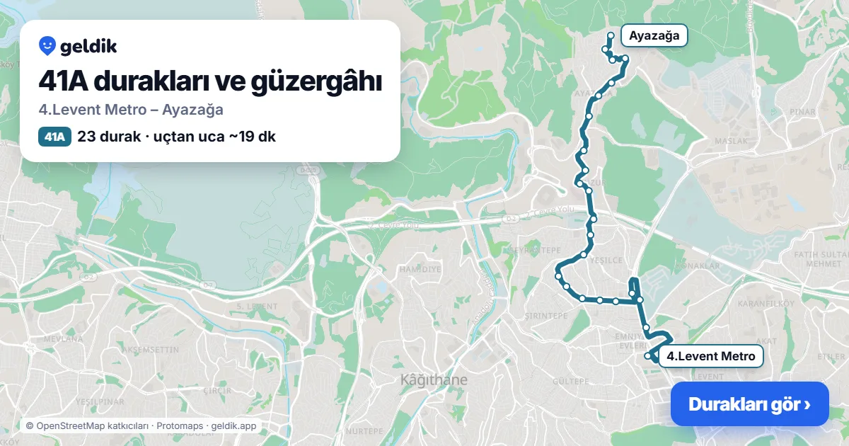 41A otobüs güzergâhı haritası: 4.Levent Metro – Ayazağa, 23 durak