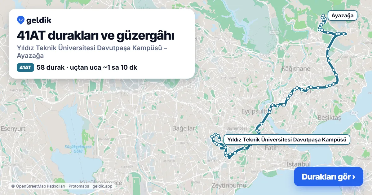41AT otobüs güzergâhı haritası: Yıldız Teknik Üniversitesi Davutpaşa Kampüsü – Ayazağa, 58 durak