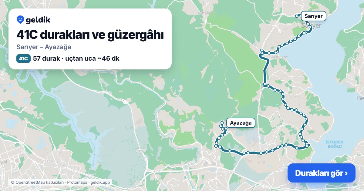 41C otobüs güzergâhı haritası: Sarıyer – Ayazağa, 57 durak